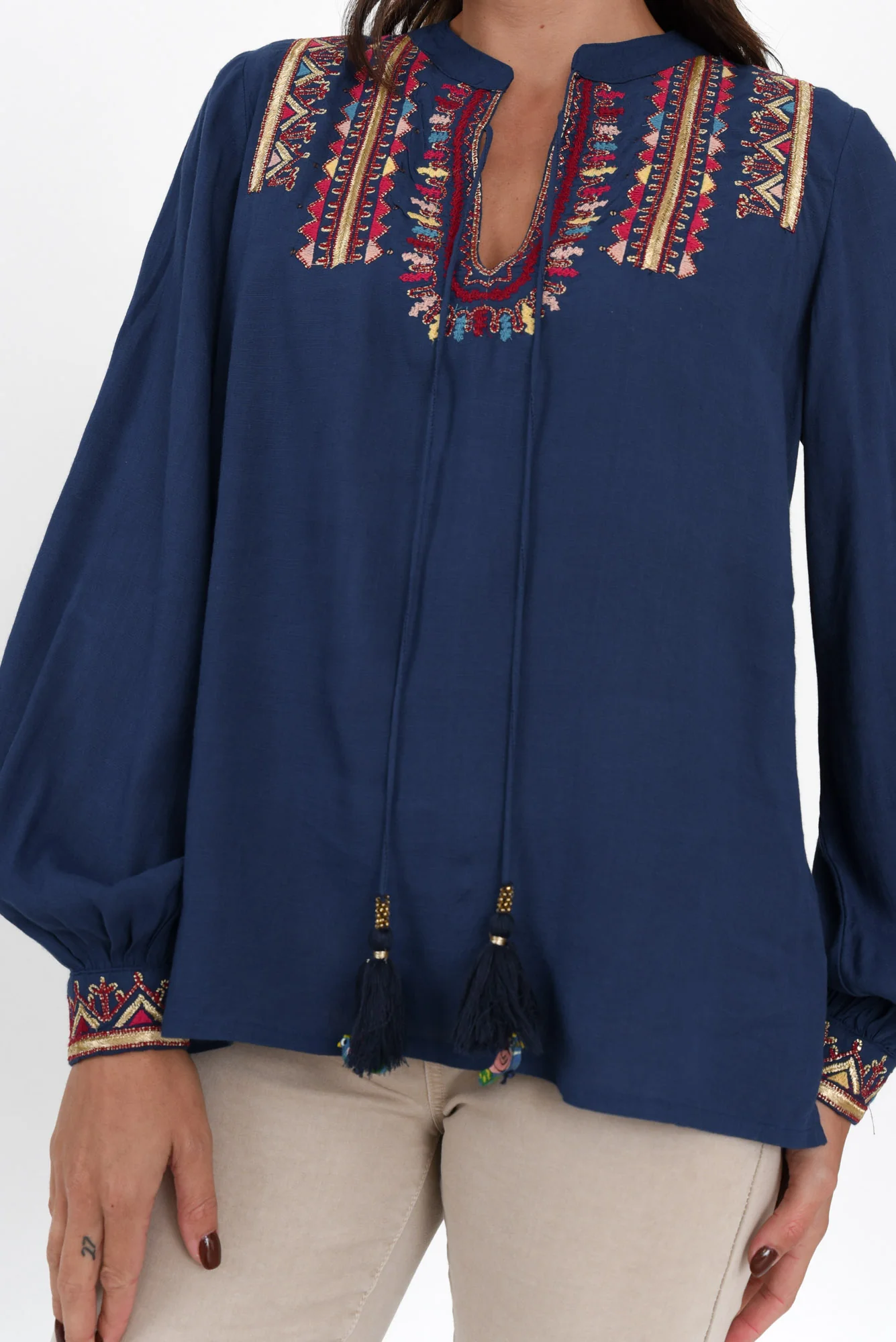 Eldrick Navy Aztec Tassel Top
