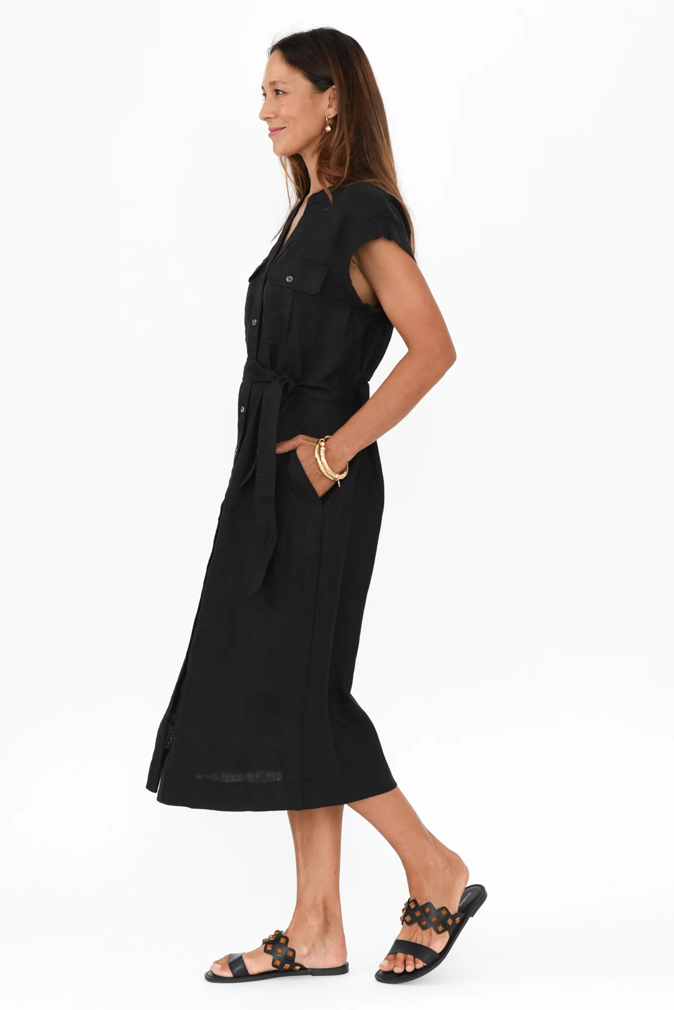Harlow Black Linen Belted Dress