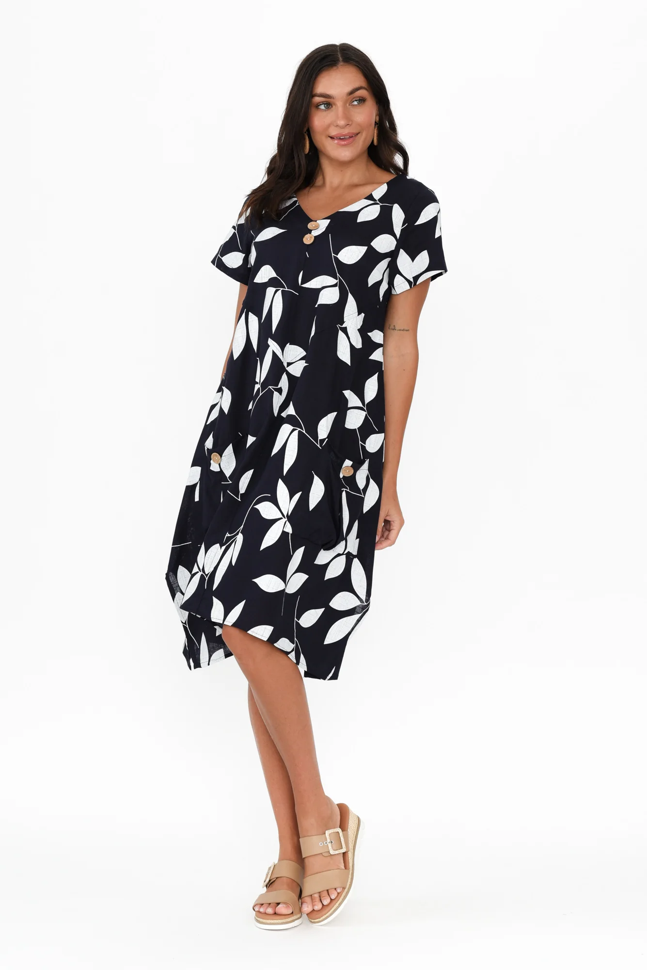Bryant Navy Leaf Linen Cotton Dress