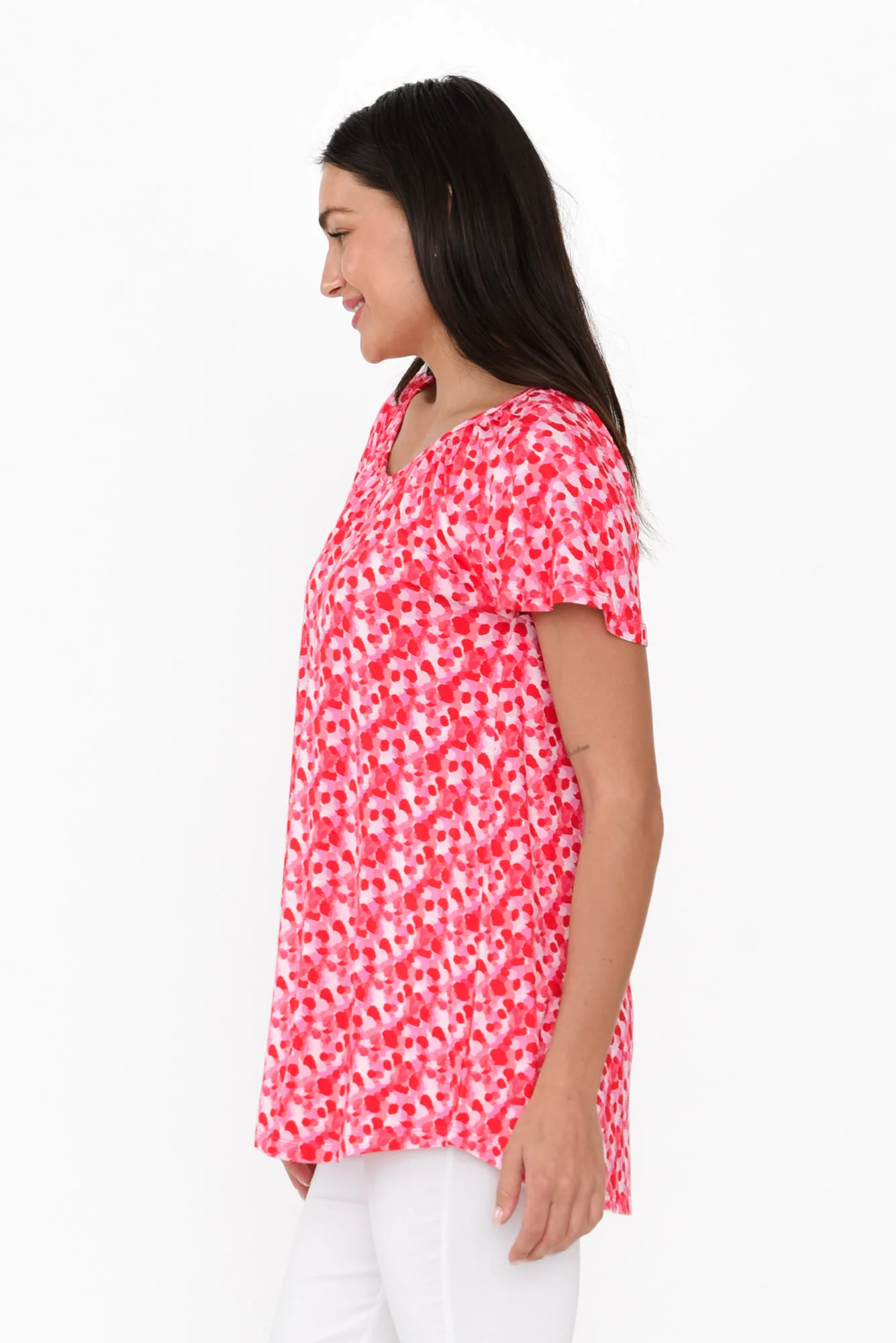 Cora Pink Spot Bamboo Blend Shirred Top
