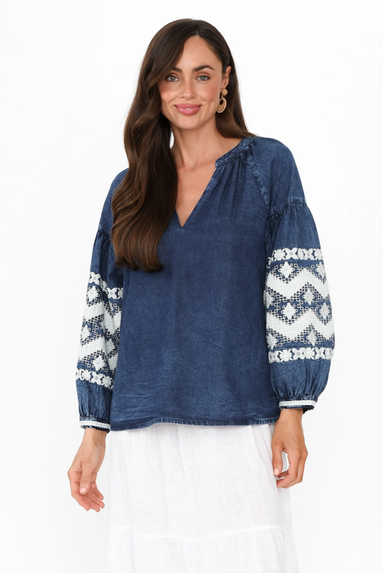 Elkana Blue Denim Embroidered Top
