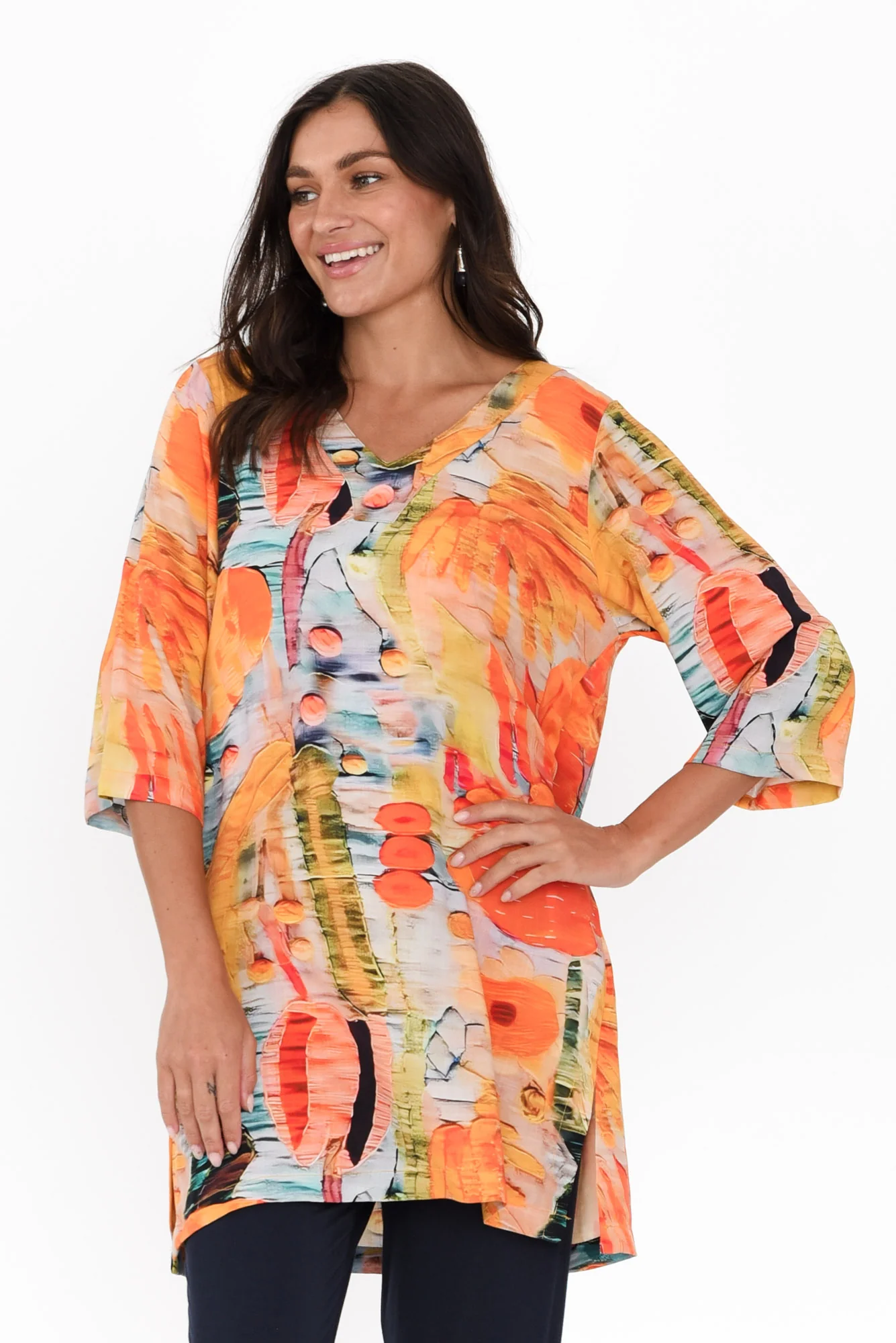Enzo Orange Floral V Neck Tunic