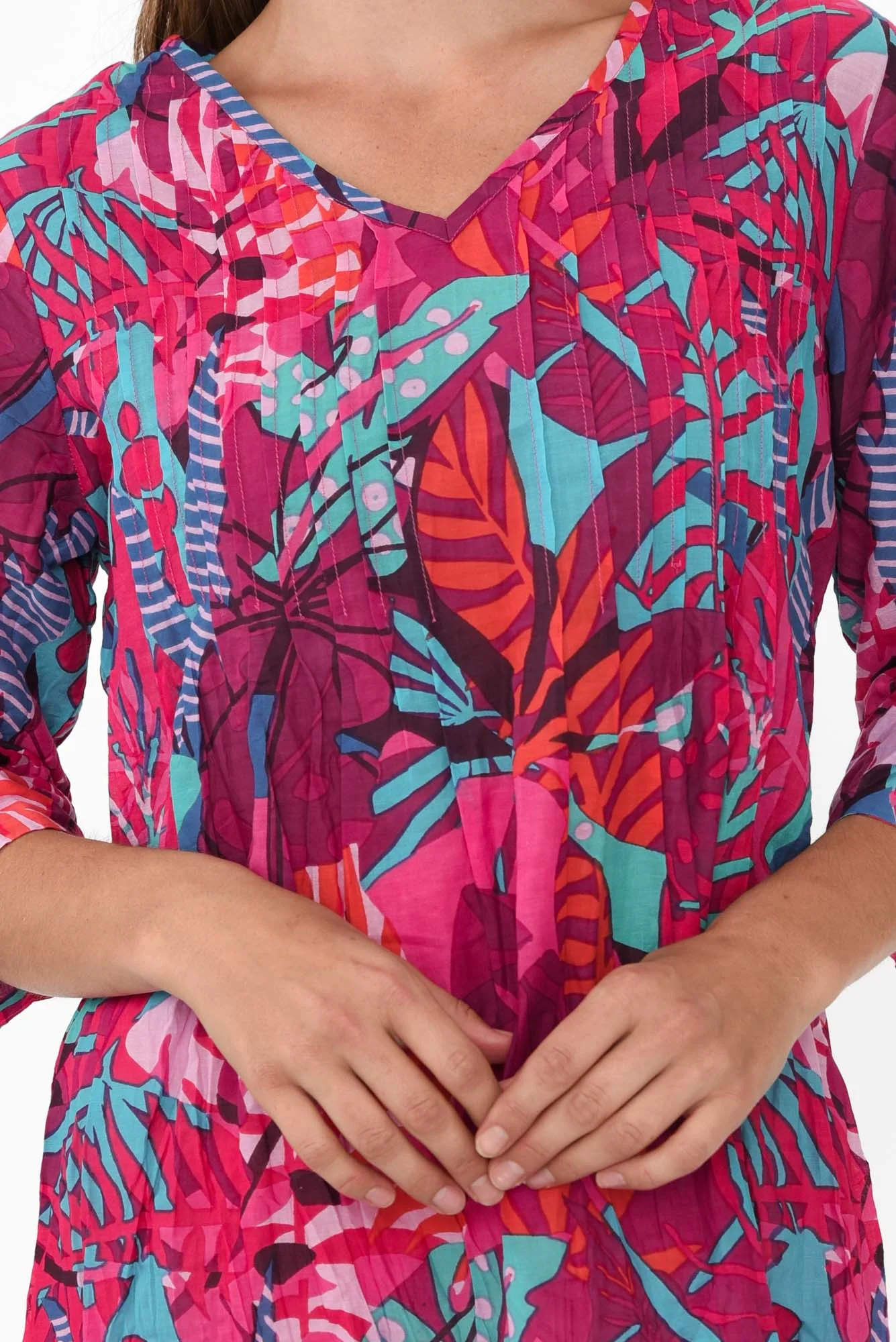 Fia Pink Jungle Sleeved Crinkle Cotton Top