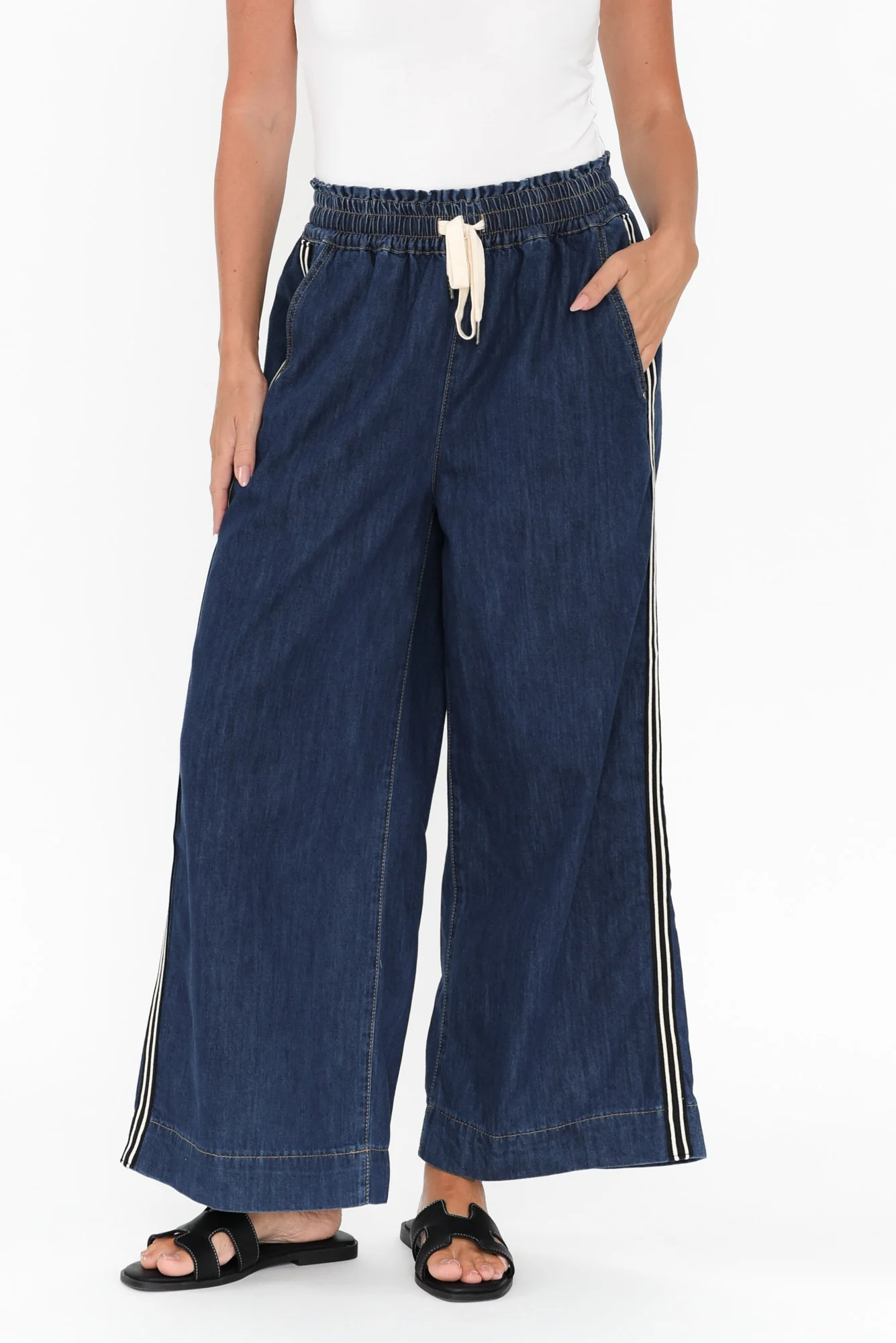 Greta Dark Denim Stripe Wide Leg Pants