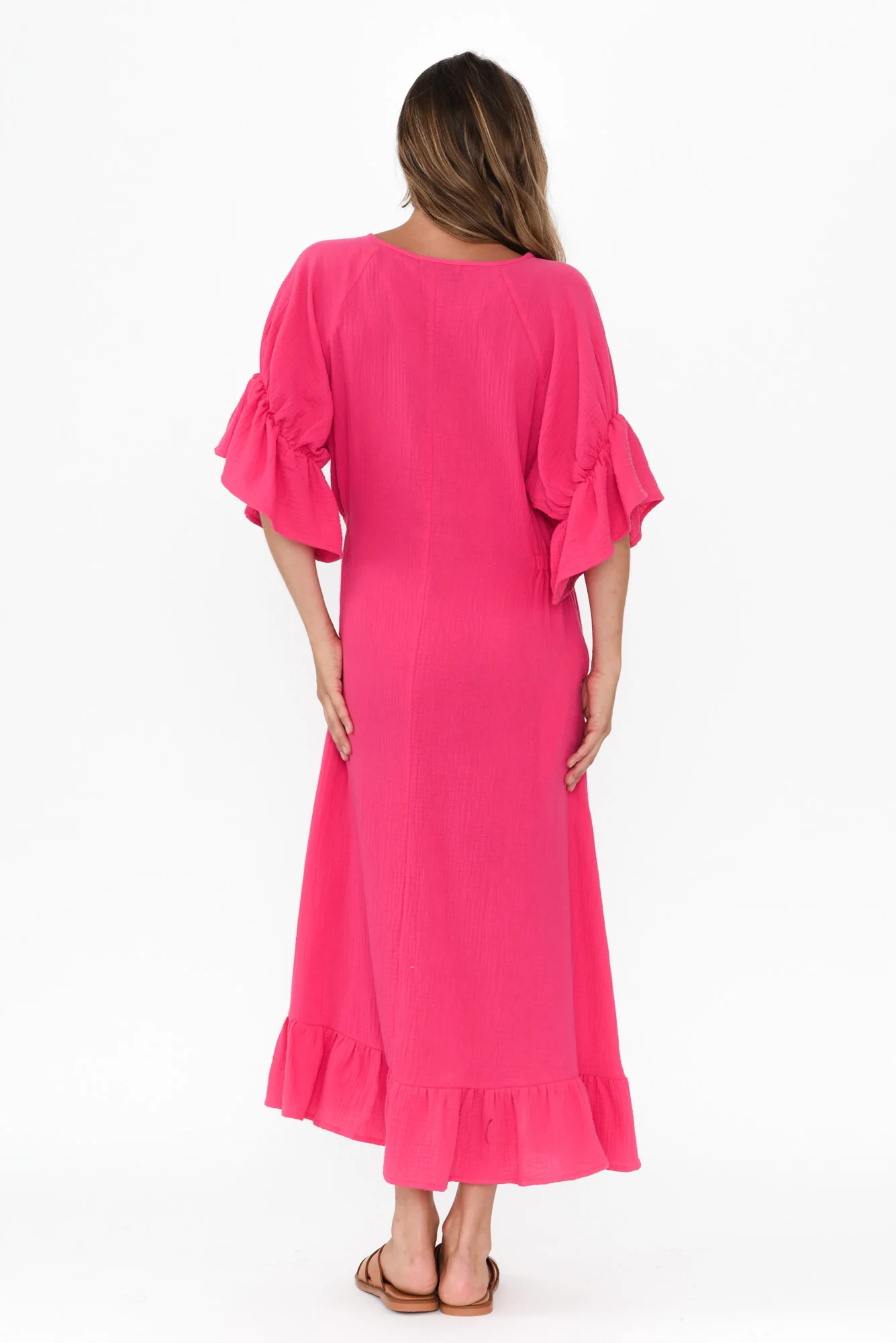 Lesi Fuchsia Cotton Cheesecloth Frill Dress