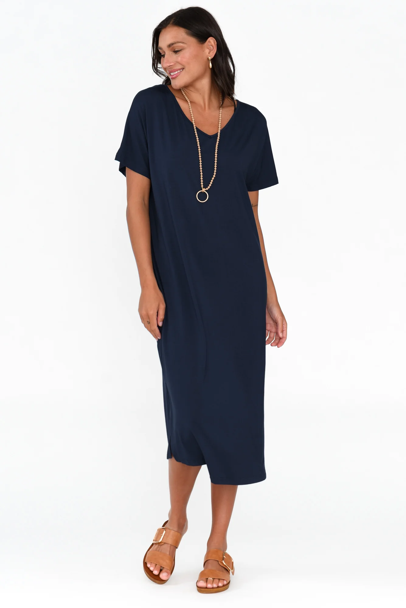 Dennis Navy Bamboo V Neck Dress