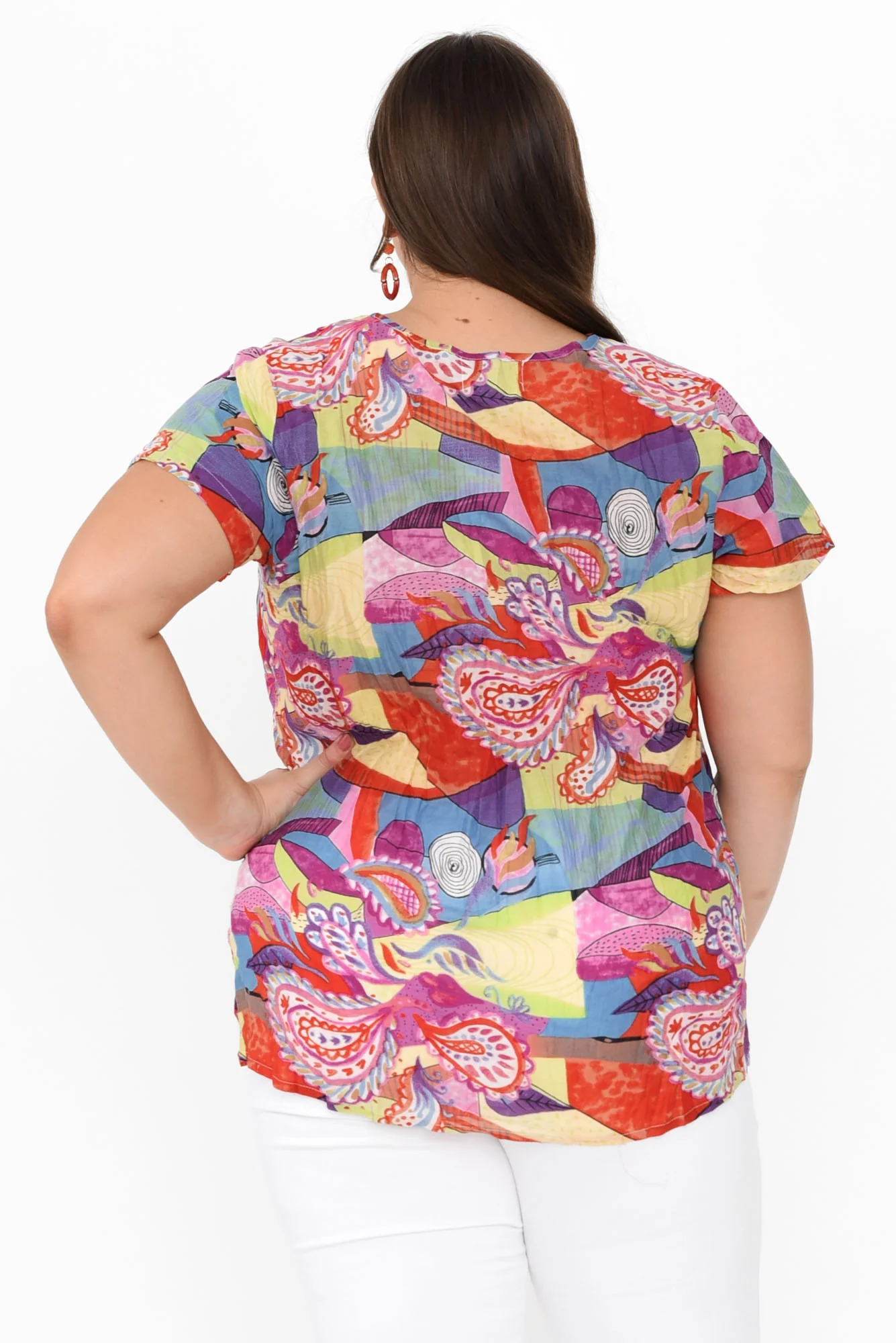 Fia Orange Geo Crinkle Cotton Top