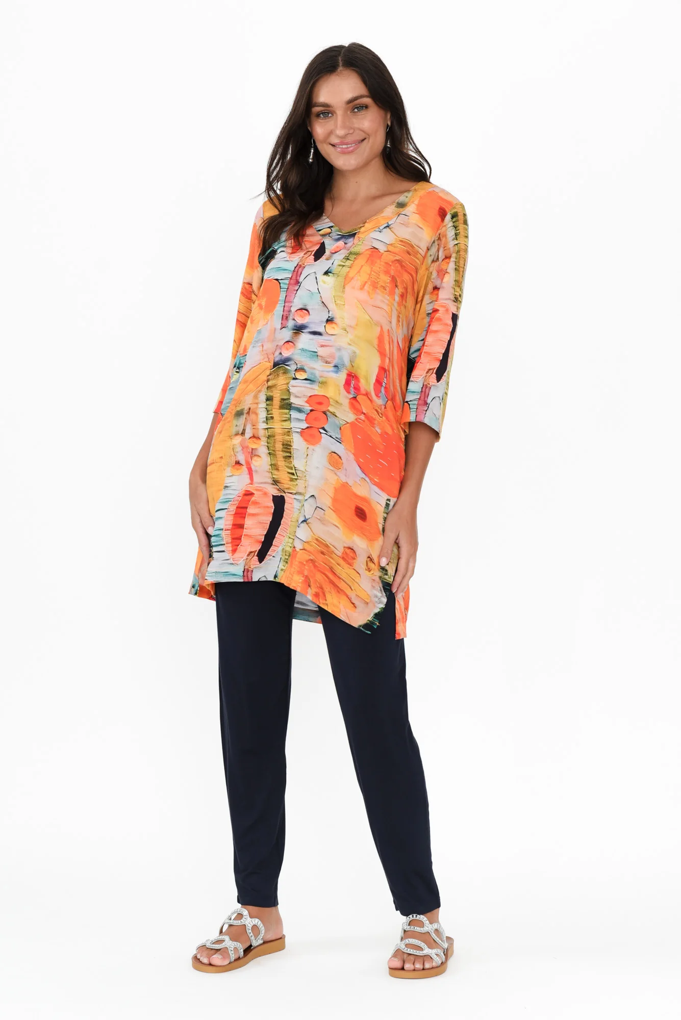 Enzo Orange Floral V Neck Tunic
