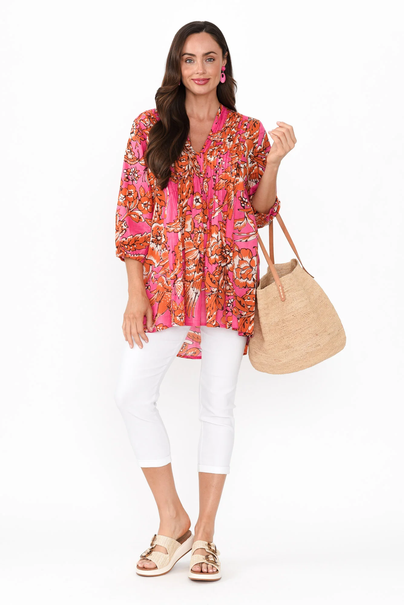 Alexa Orange Garden Cotton V Neck Top