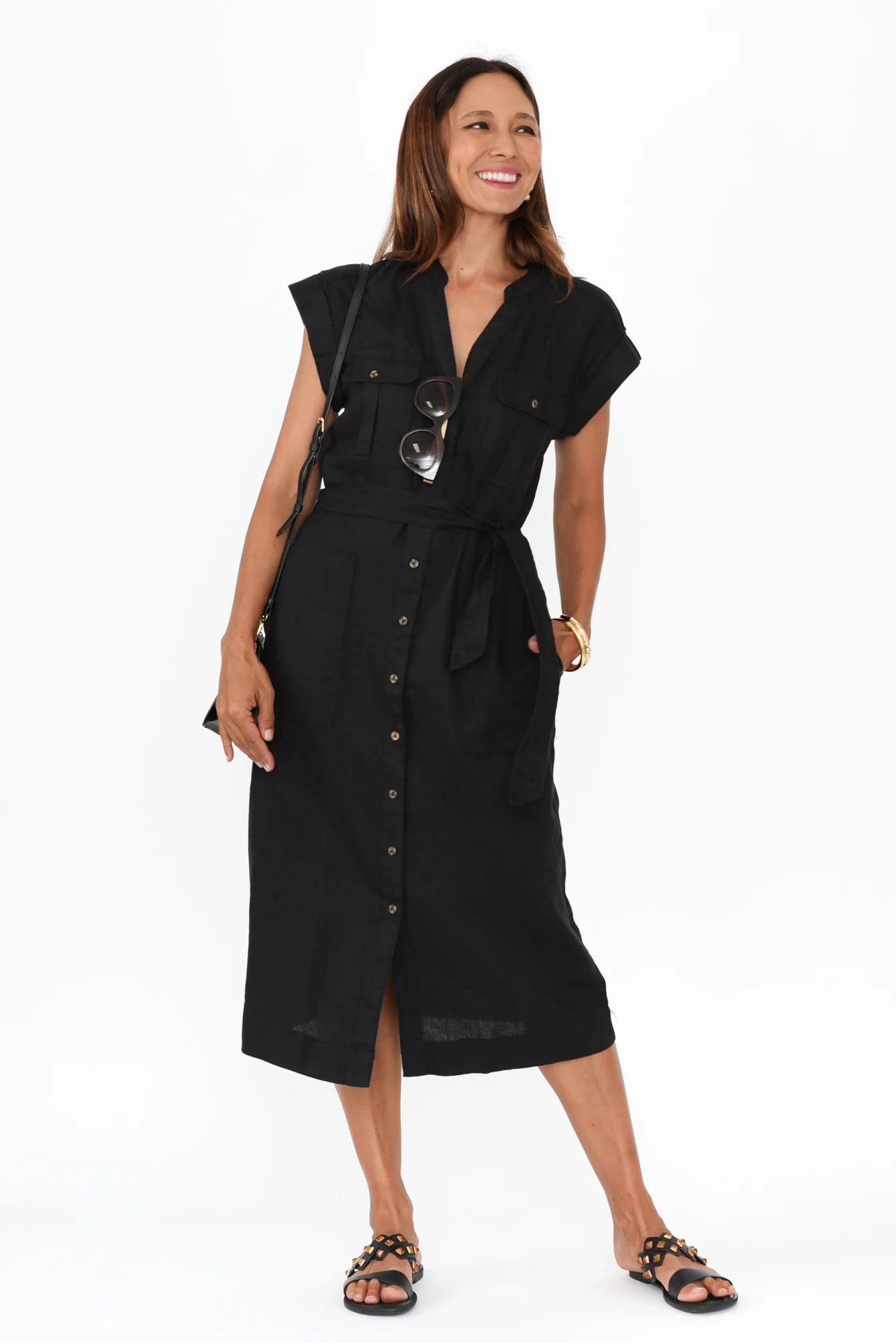 Harlow Black Linen Belted Dress