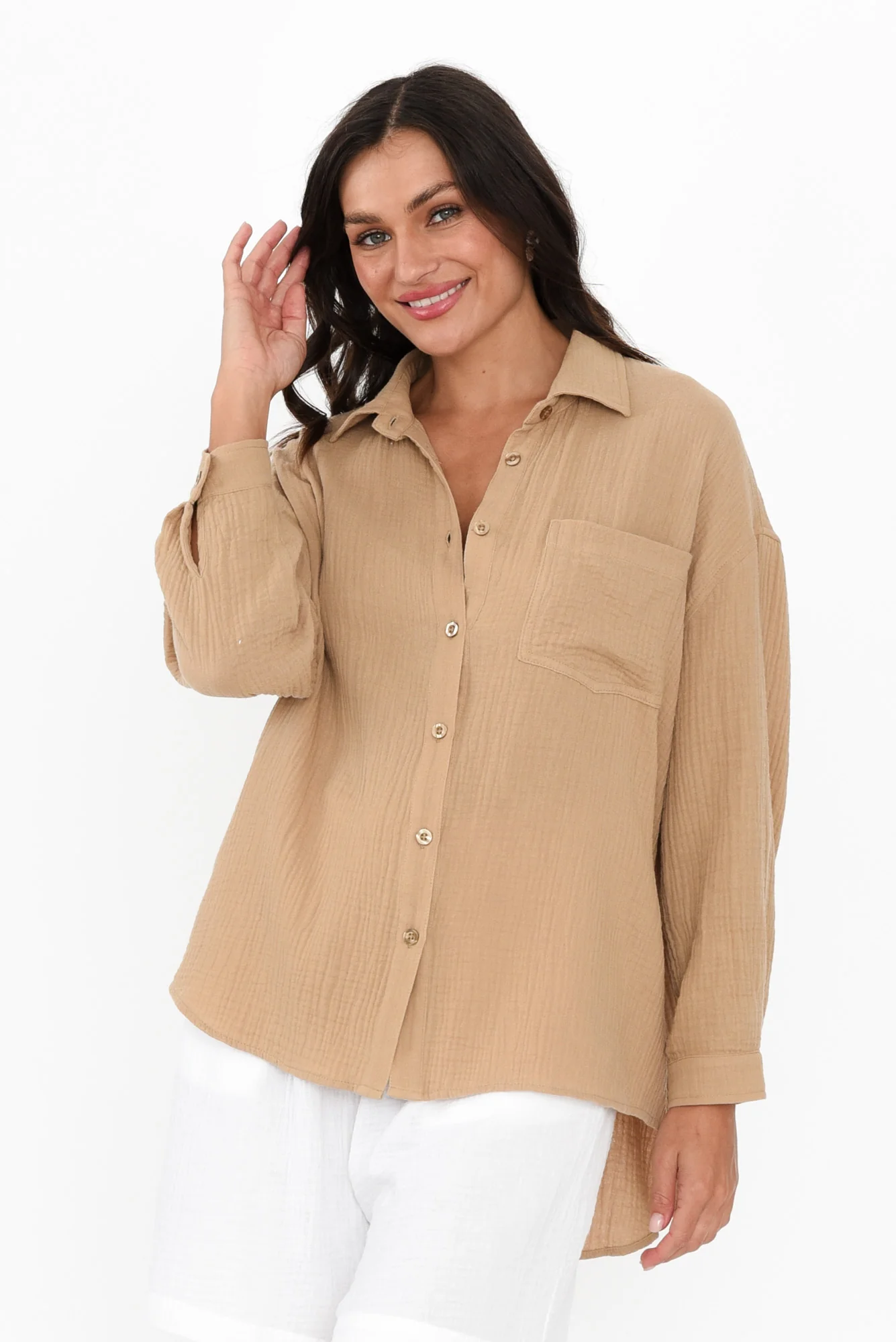 Natalia Beige Cotton Cheesecloth Shirt