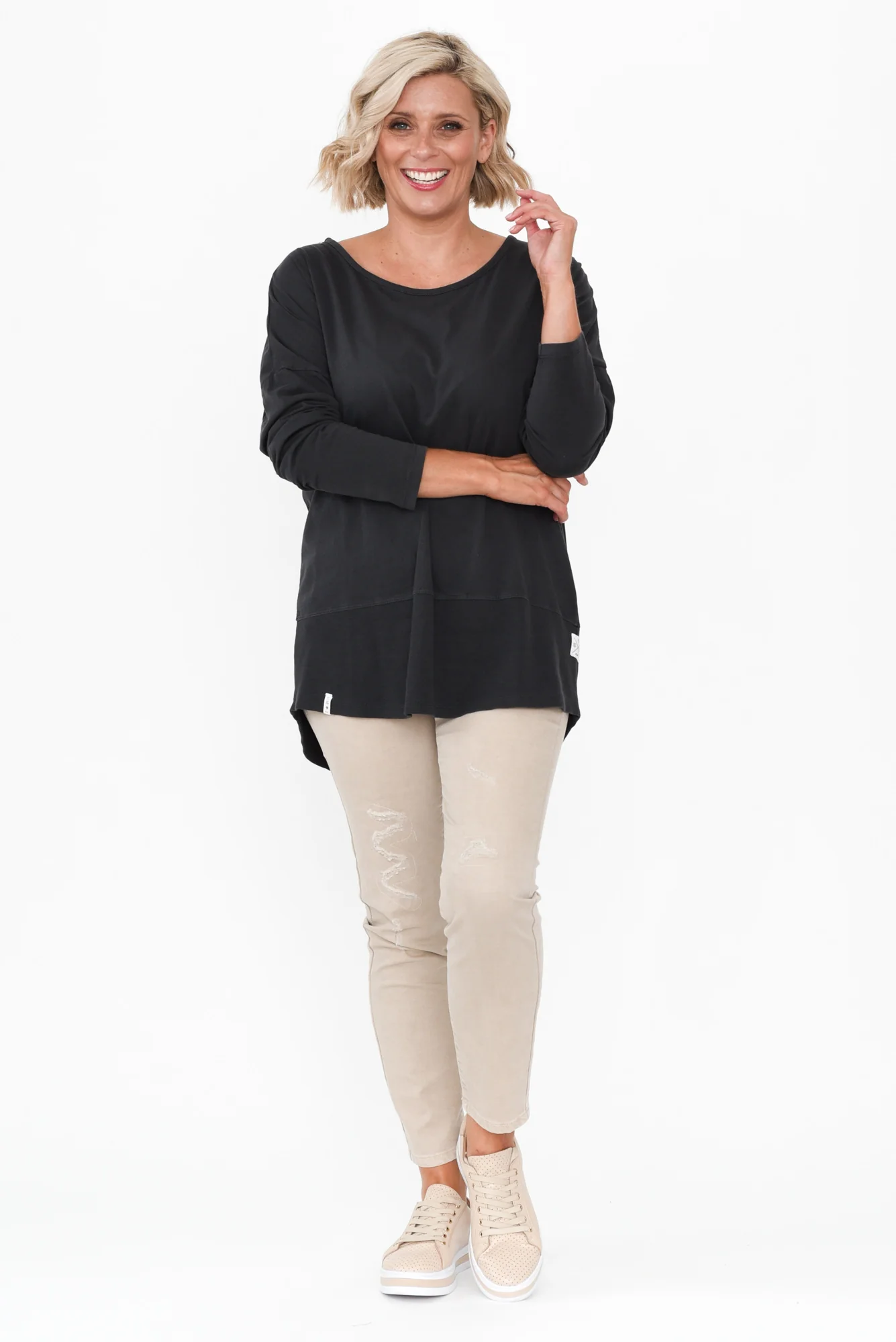 Fundamental Washed Black Cotton Rib Sleeved Top