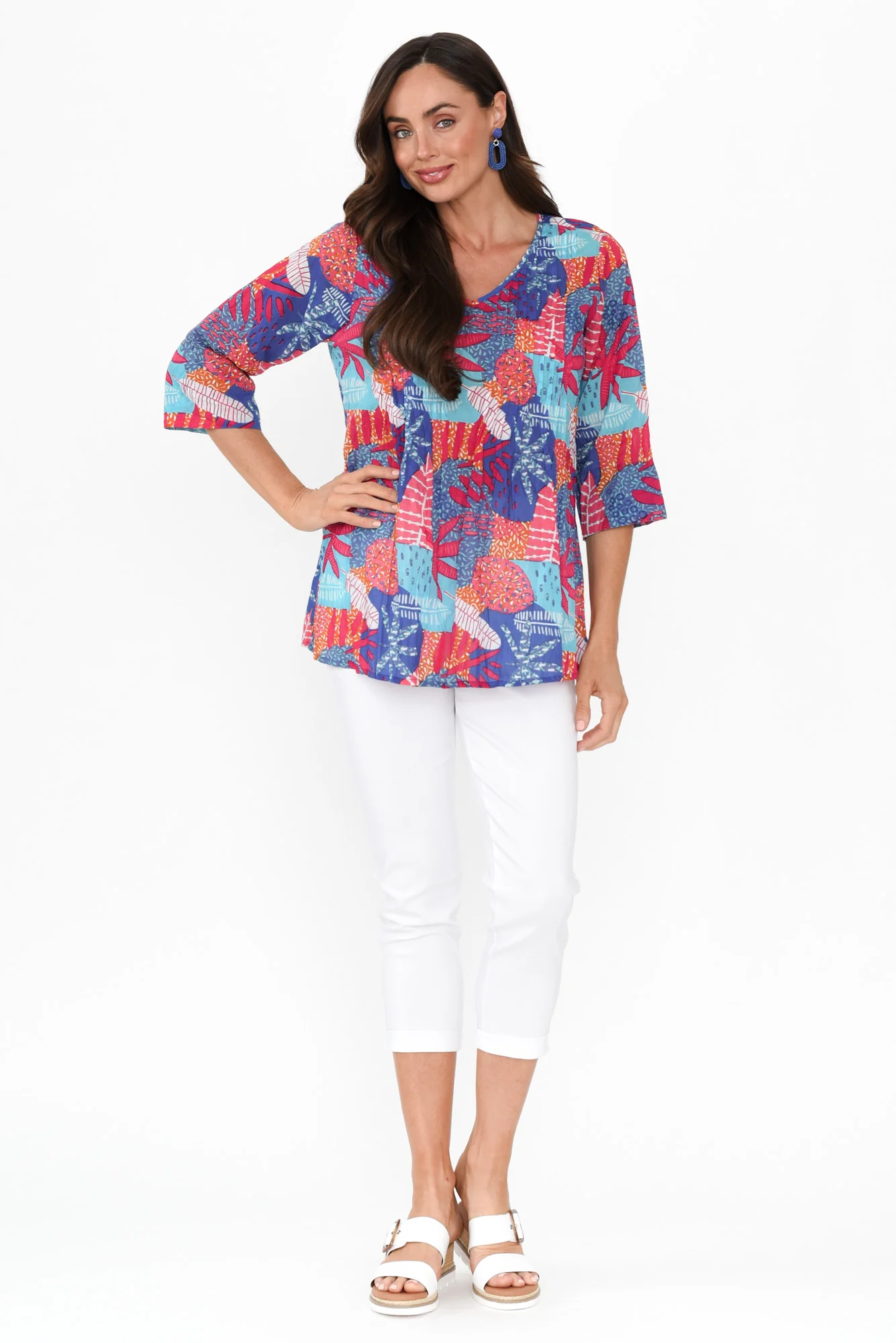 Fia Blue Leaf Sleeved Crinkle Cotton Top