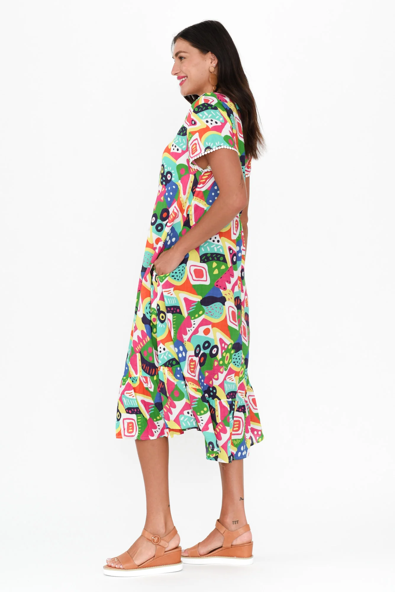 Katika Green Abstract Cotton V Neck Dress