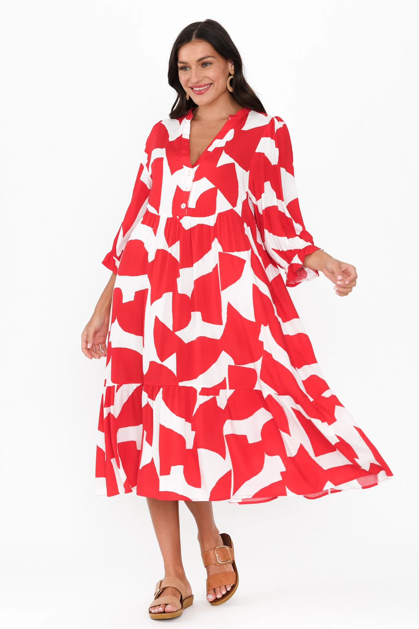 Leela Red Abstract Sleeved Dress