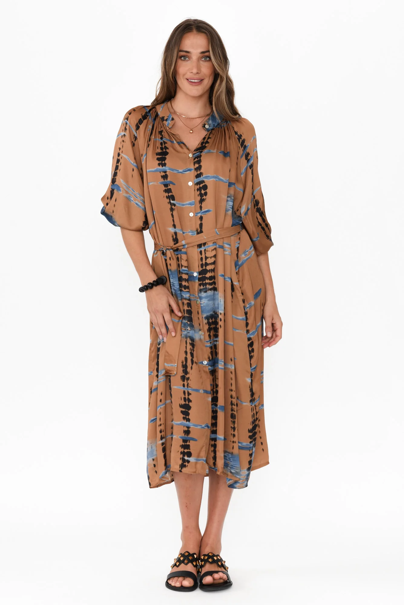 Hills Tan Abstract Silk Blend Dress