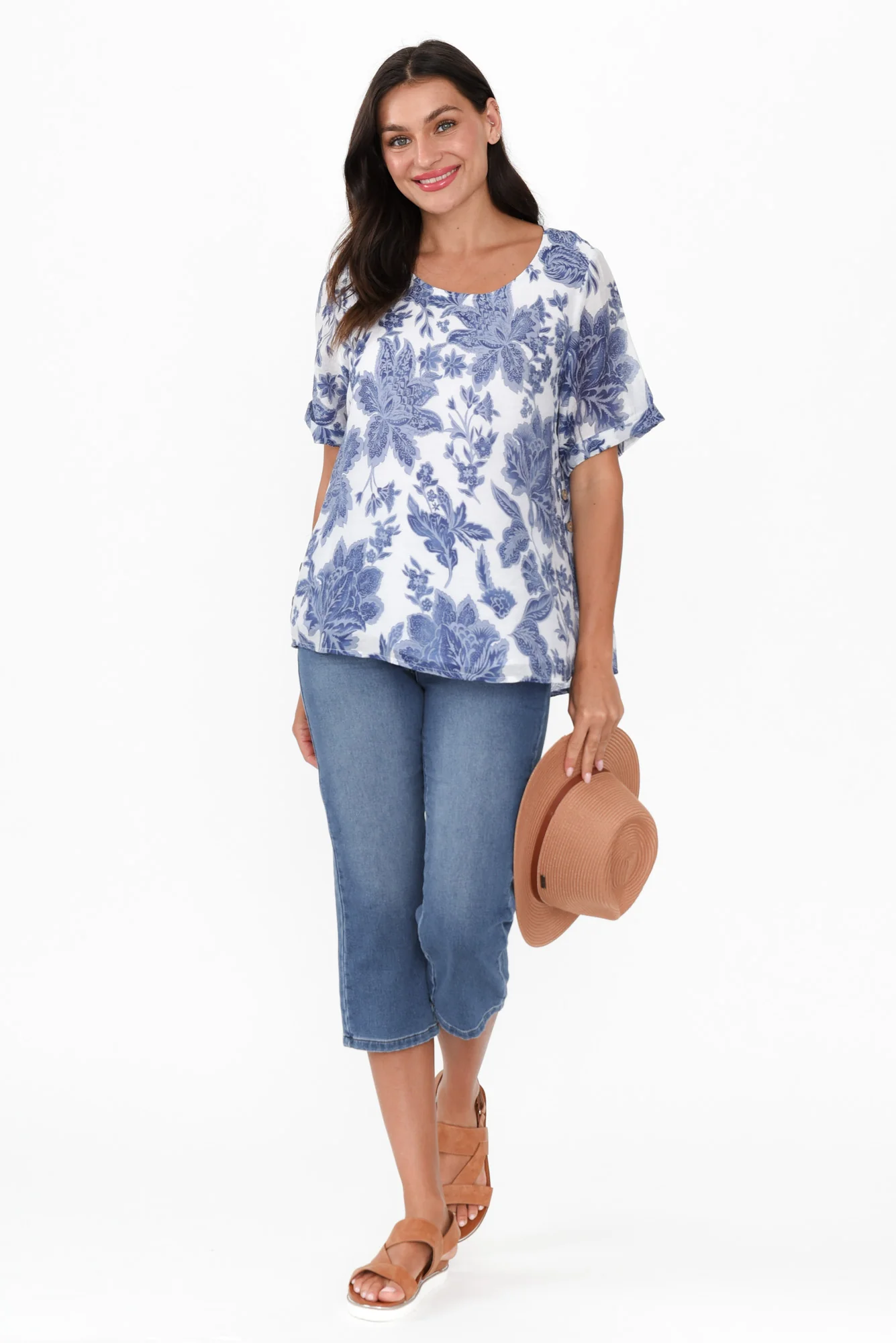 Perry Blue Floral Button Top