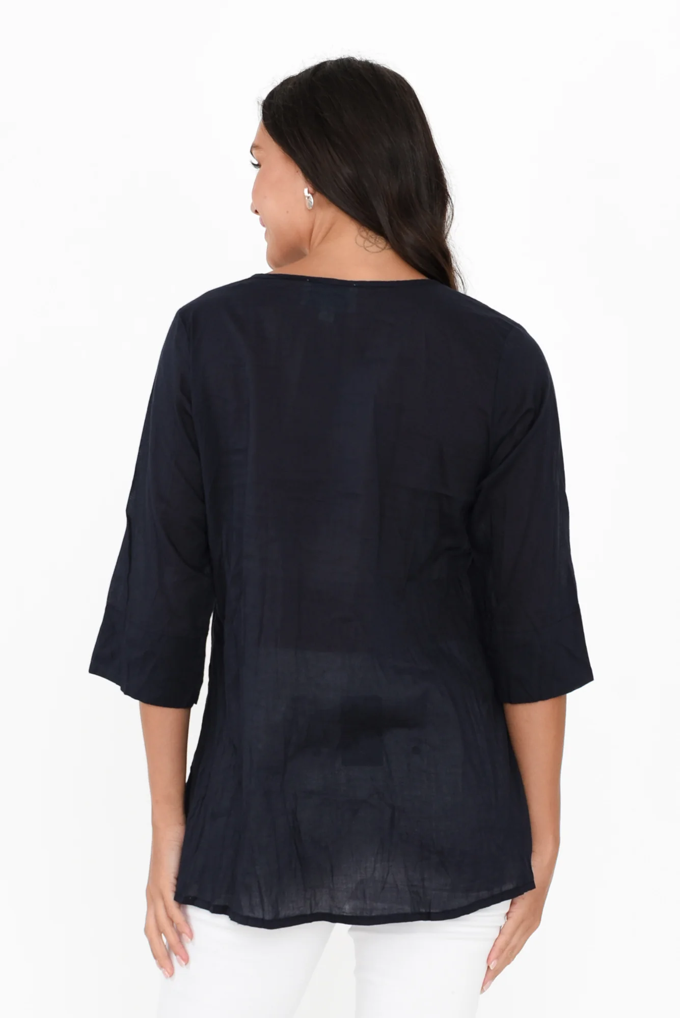 Fia Navy Sleeved Crinkle Cotton Top