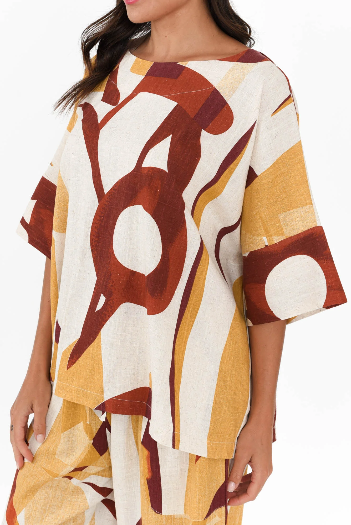 Alton Beige Abstract Linen Cotton Top