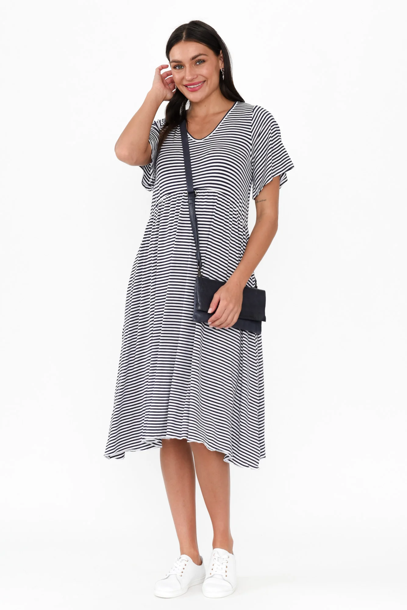 Donna Navy Stripe Gathered Dress
