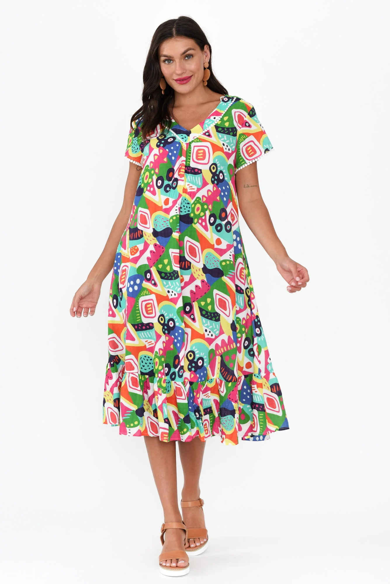 Katika Green Abstract Cotton V Neck Dress