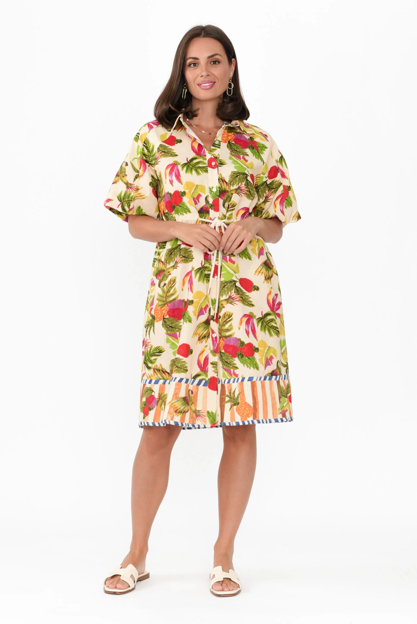 Kumo Cream Tropical Linen Cotton Dress