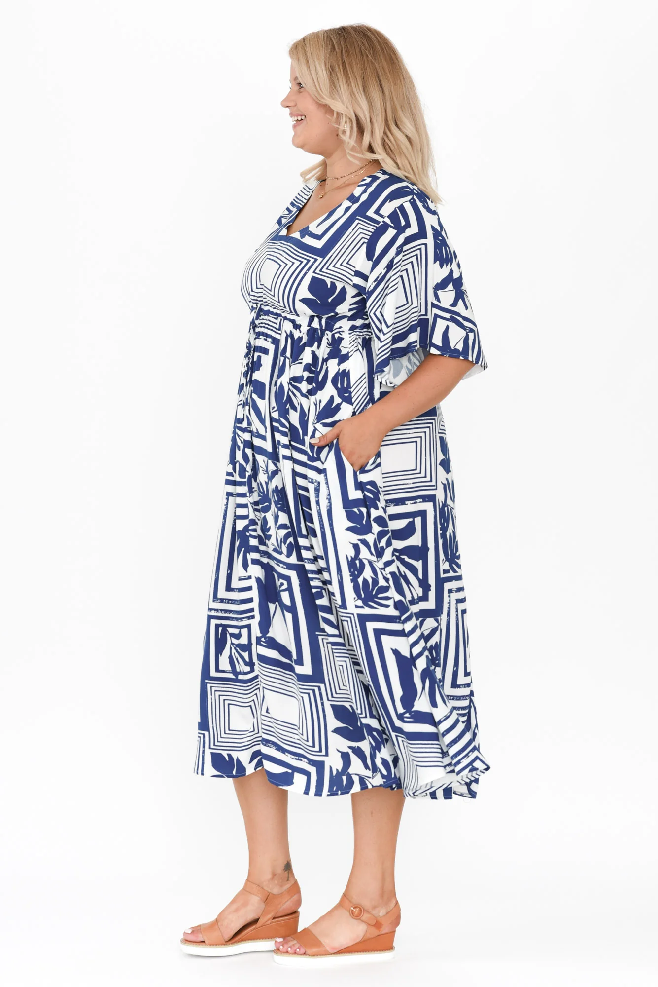 Jennifer Blue Tile Flutter Sleeve Dress