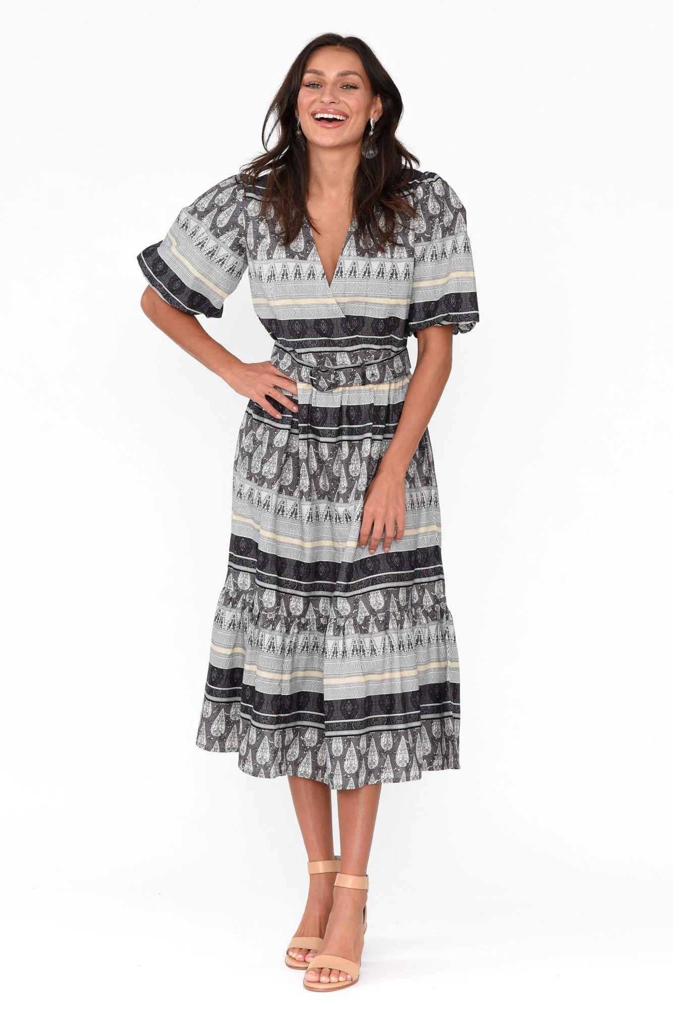 Mai Black Geo Cotton Tie Dress