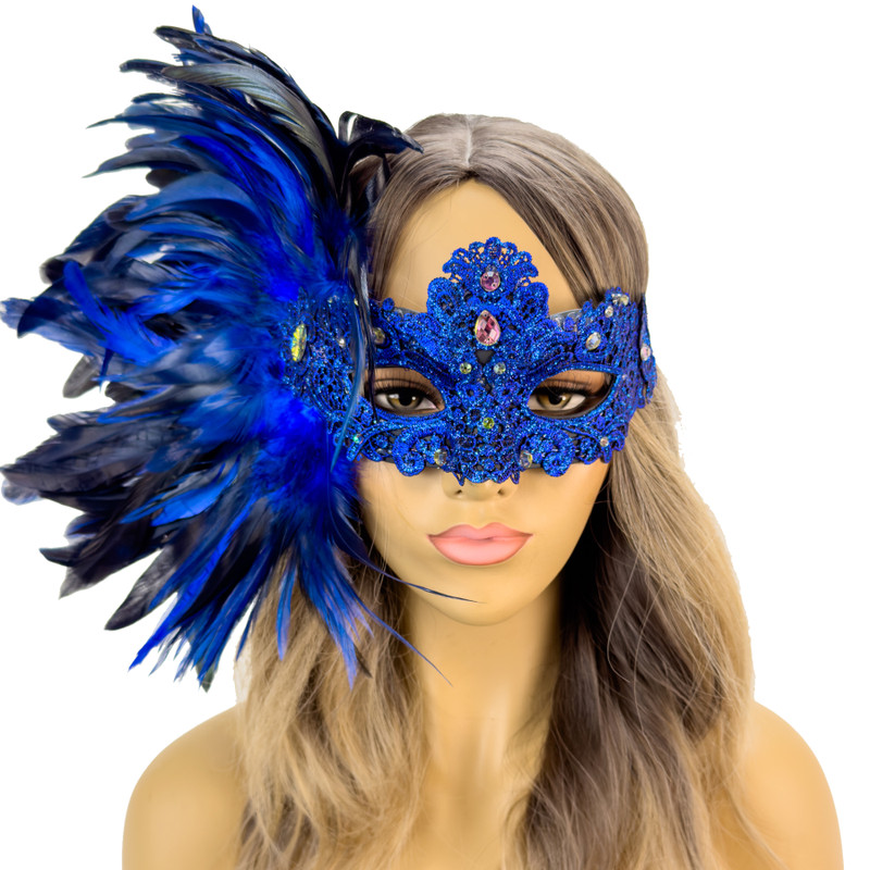 Feather Masquerade Mask Carnival Feather Mask Side Feather Blue