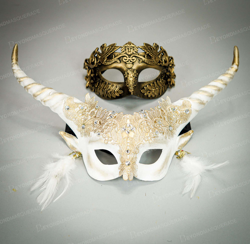 Couples Wedding Masquerade Masks for Halloween Couple's Masquerade Ball Masks Ivory Gold